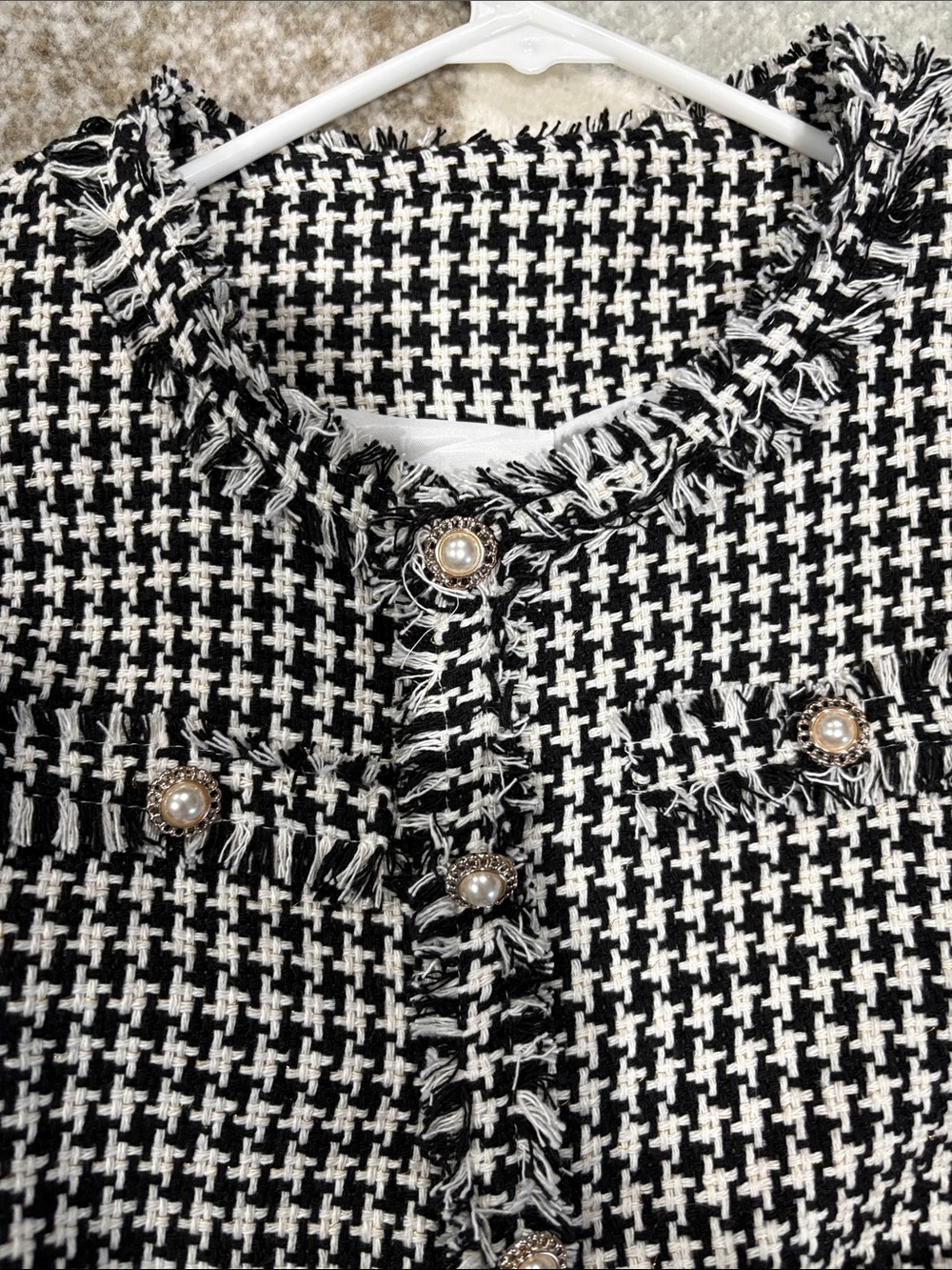 Black & White Houndstooth Fringe Cropped Blazer Jacket - Picture 3 of 8